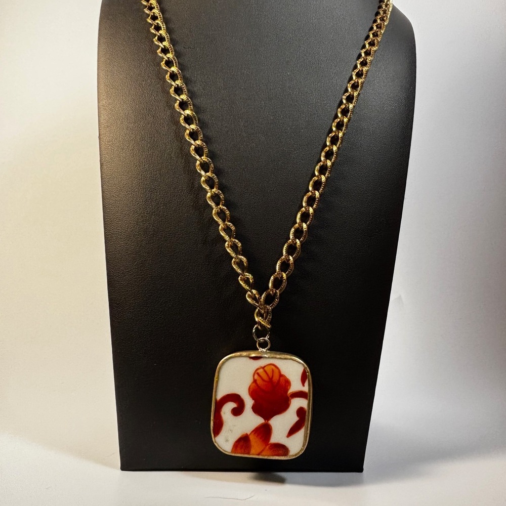 Pendant Necklace‎ Gold Tone Handmade Ceramic Pendant